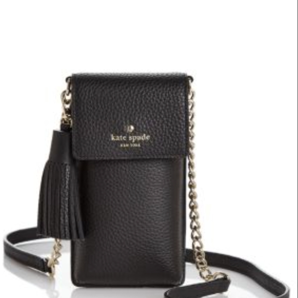 kate spade Black Pebbled Leather Crossbody Phone Pouch with Tassel